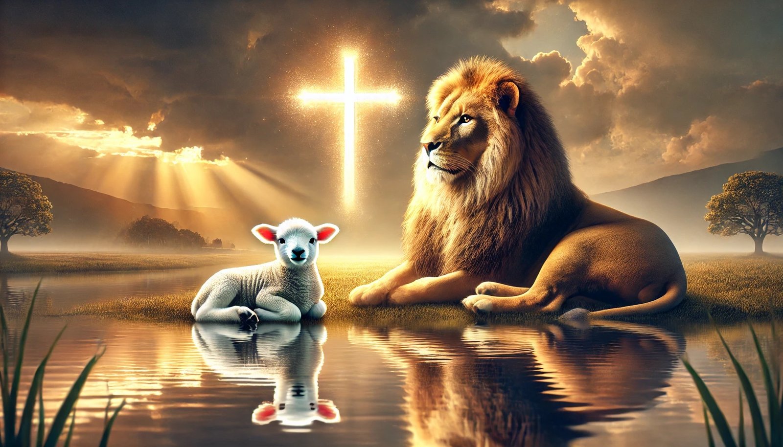 A lion and lamb resting together beneath a cross